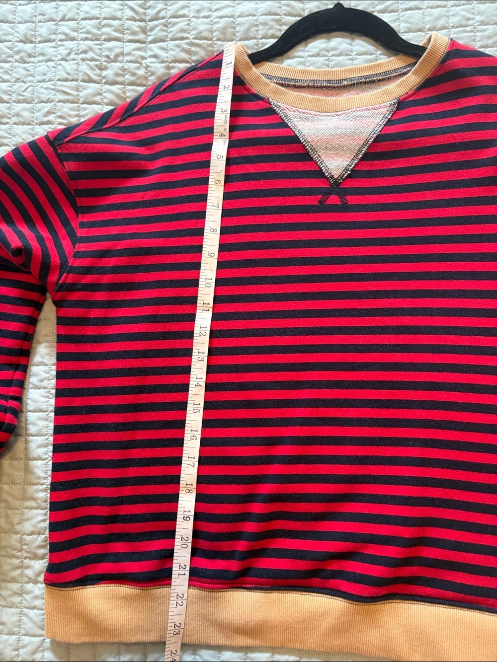 Women’s Red and Navy Striped Crewneck Sweatshirt with Khaki Trim - Picture 6 of 7